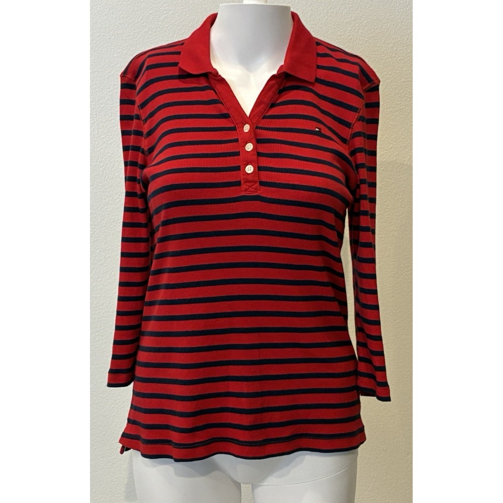 VTG‎ Y2K Tommy Hilfiger Womens Collared Henley Sz M Red Striped Nautical Preppy